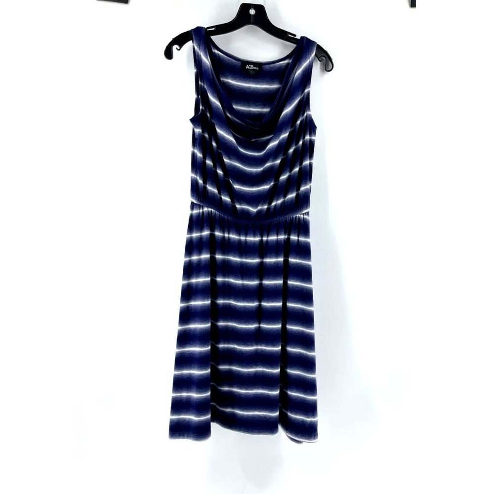 AGB Women's Blue Striped Sleeveless Stretch Knit Cowl Neck Dress Size Small